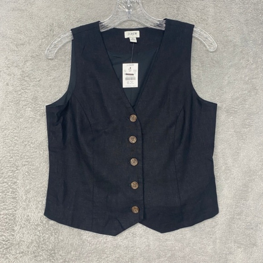 J Crew Top Womens 2 Black Linen Cutaway‎ Vest Sleeveless Button Career CI309 - Picture 5 of 8